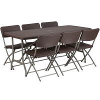 Flash Furniture DAD-YCZ-172-61-GG 32.5''W x 67.5''L Brown Rattan Plastic Folding Table Set with 6 Chairs 